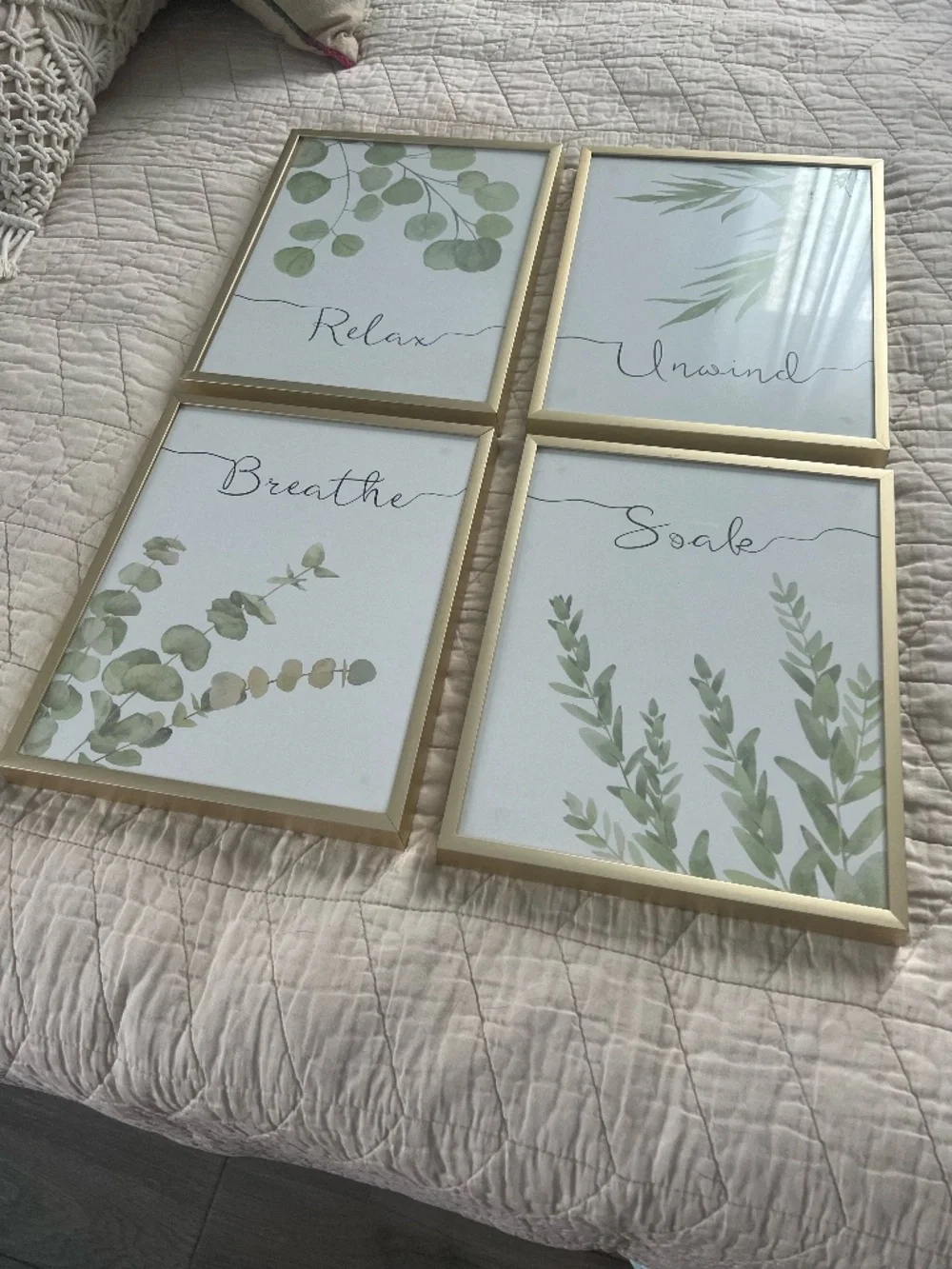 Gold-framed wall art, set of 4 (Relax, Breathe, Soak & Unwind)